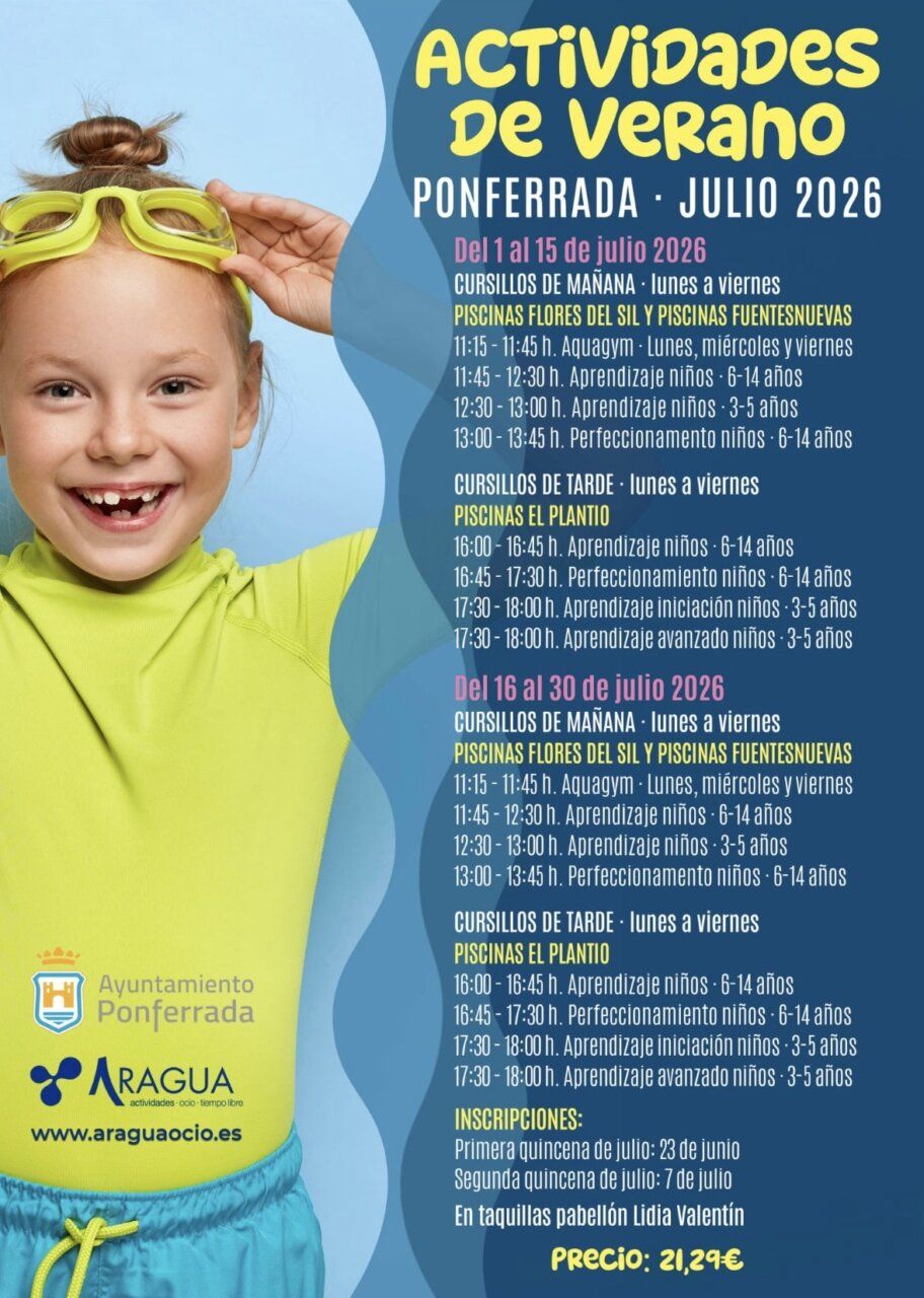 Niña sonriente con gafas de natación en las piscinas de Ponferrada