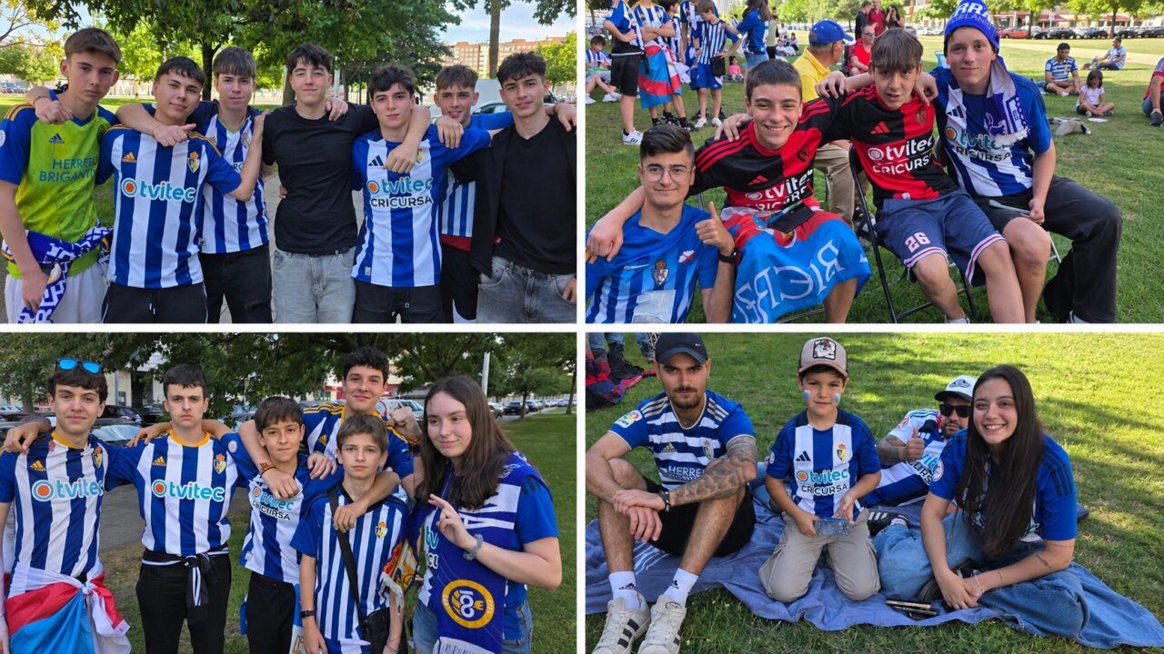 Grupo de jóvenes aficionados de la SD Ponferradina en un evento deportivo