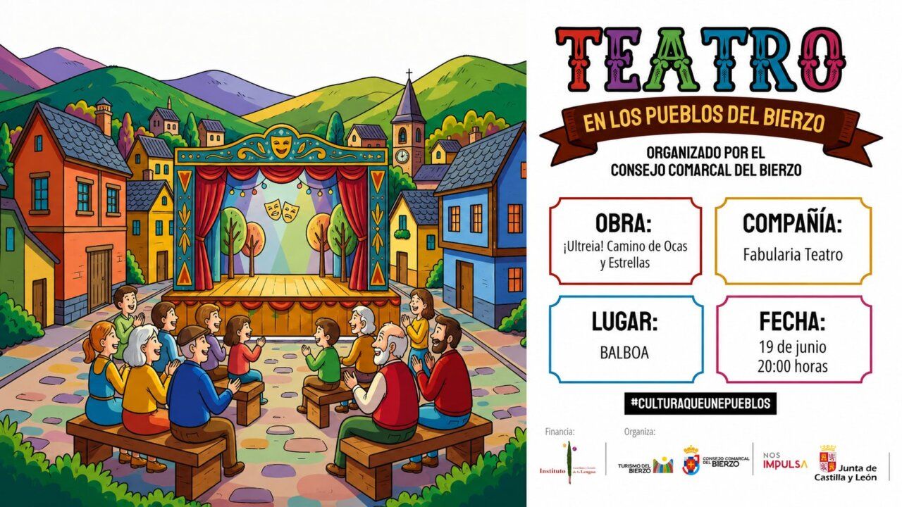 Representación teatral en un pueblo del Bierzo con un escenario colorido