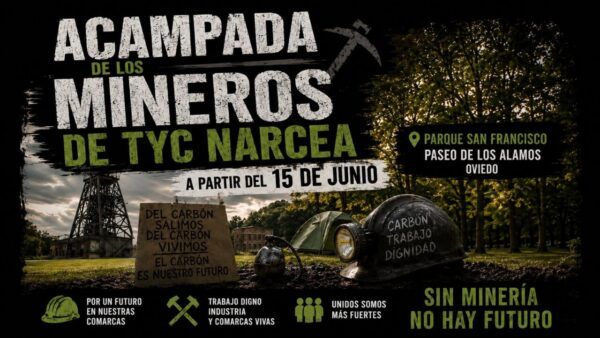 Protesta de mineros de TYC Narcea en Oviedo con pancartas y cascos