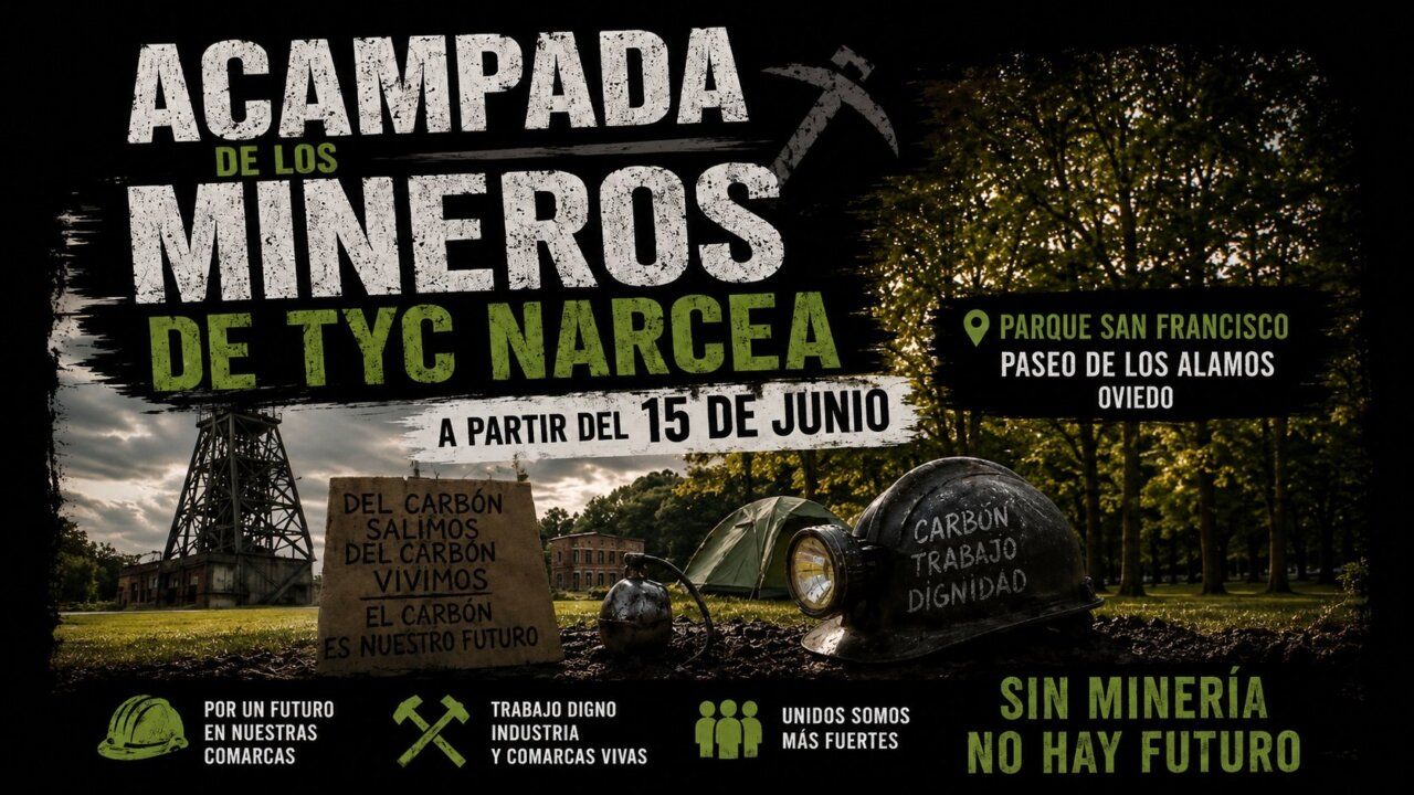 Protesta de mineros de TYC Narcea en Oviedo con pancartas y cascos