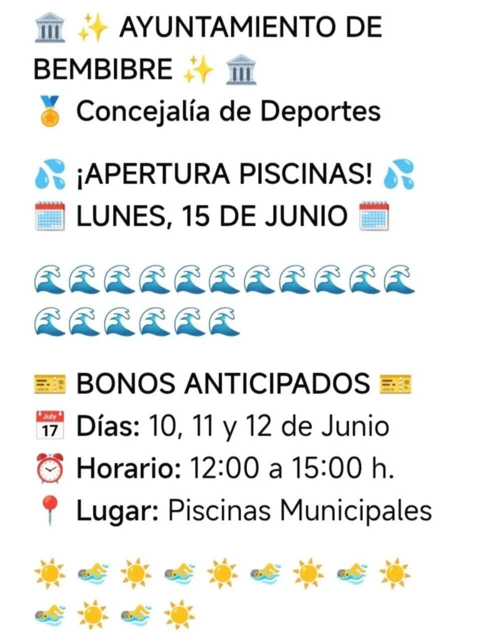 Anuncio de apertura de piscinas municipales en Bembibre