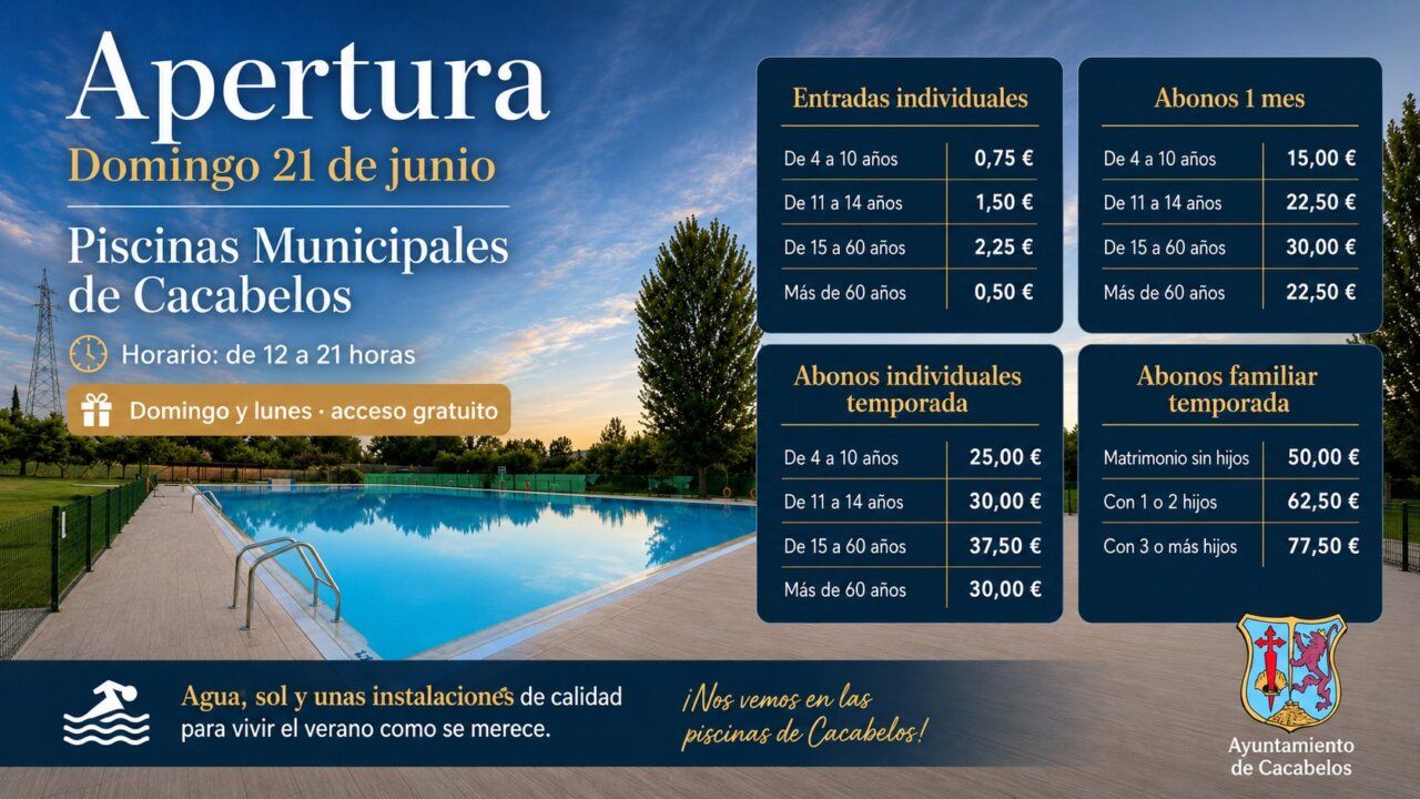 Cartel de apertura de las piscinas municipales de Cacabelos con horarios y tarifas