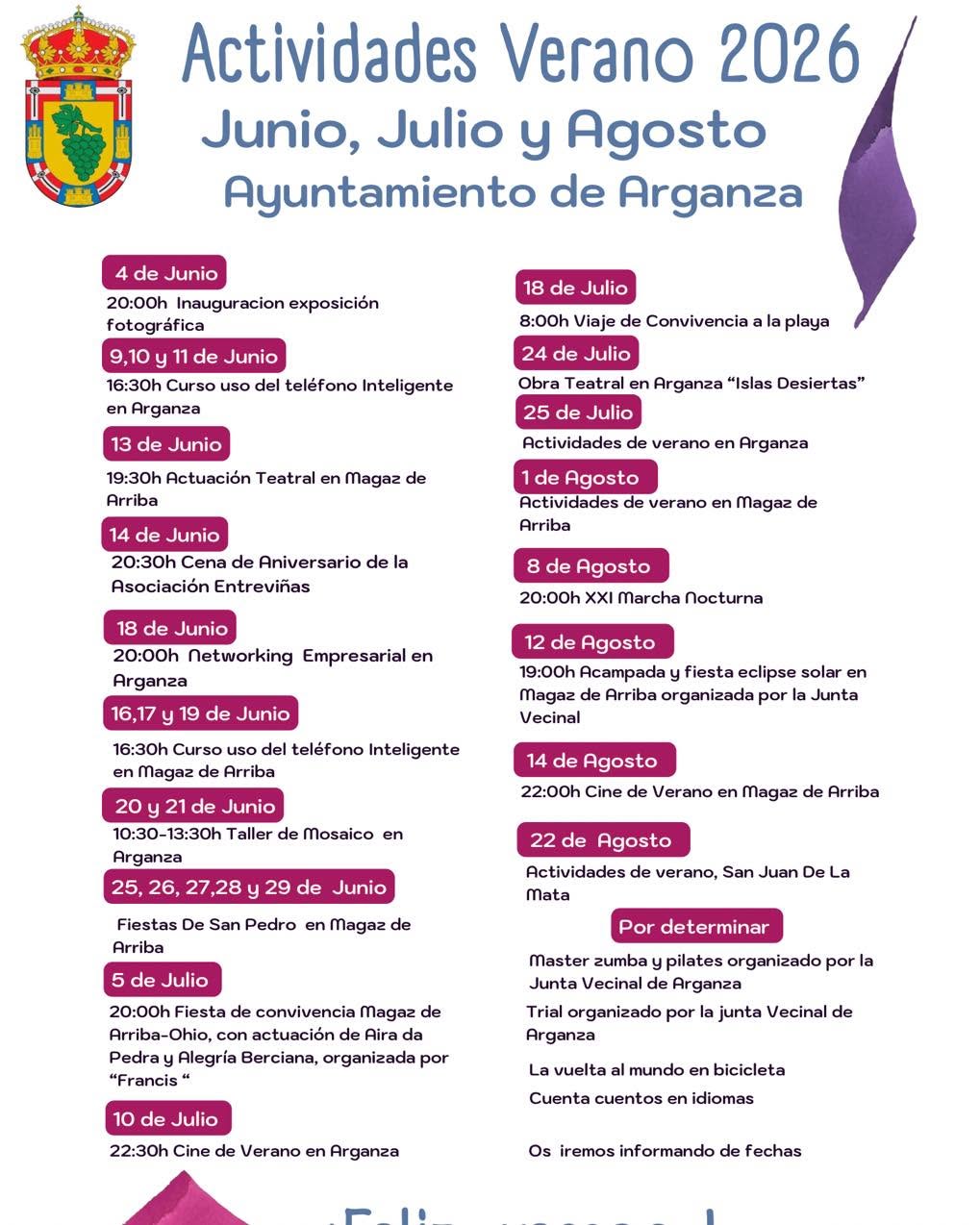 Cartel de actividades culturales y deportivas en Arganza para el verano de 2026