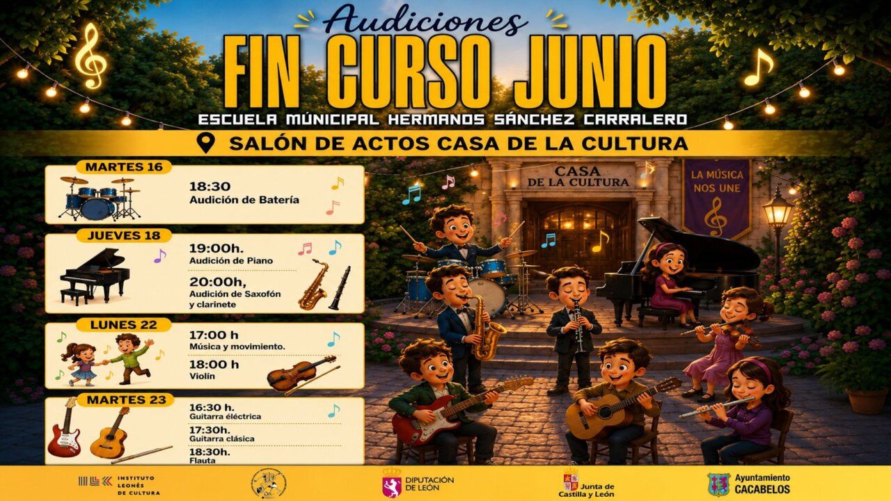 Cartel de audiciones de fin de curso de la Escuela Municipal de Música en Cacabelos