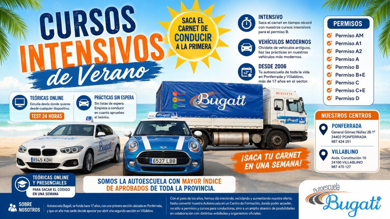 Imagen promocional de cursos intensivos de verano de Autoescuela Bugati