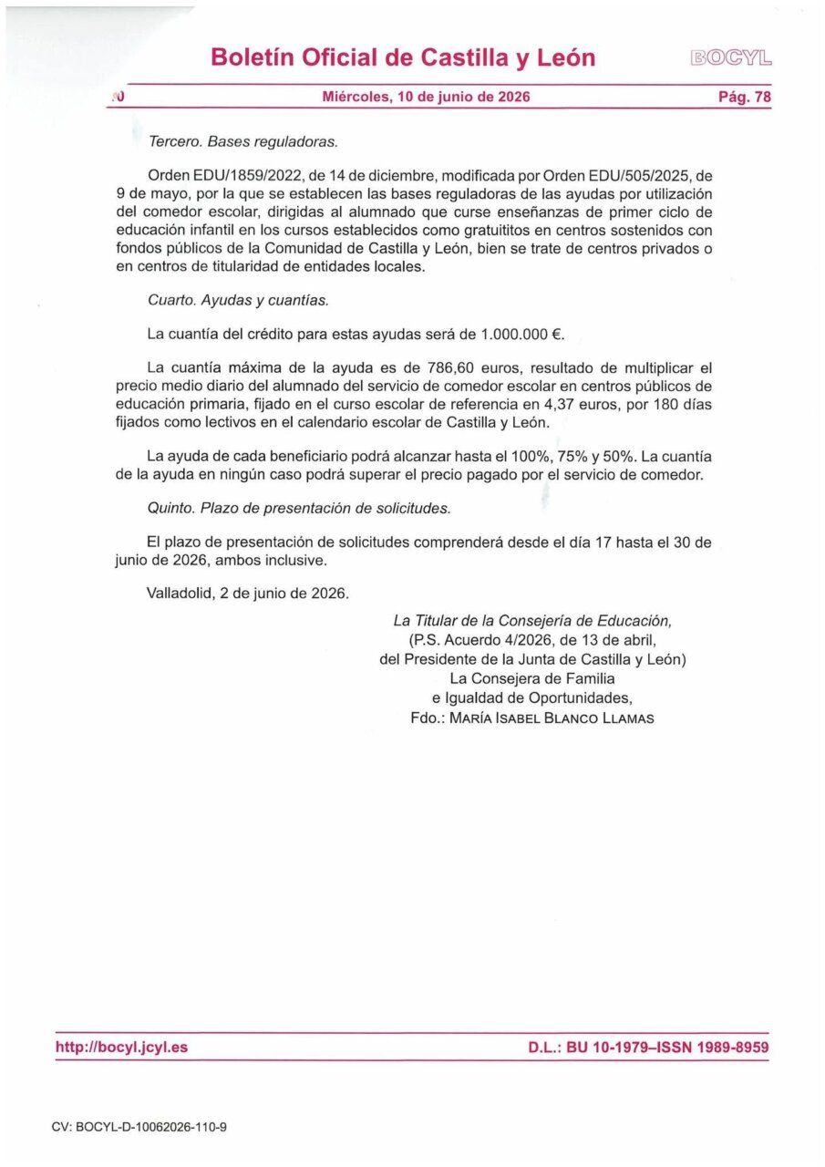 Boletín Oficial de Castilla y León sobre ayudas al comedor escolar