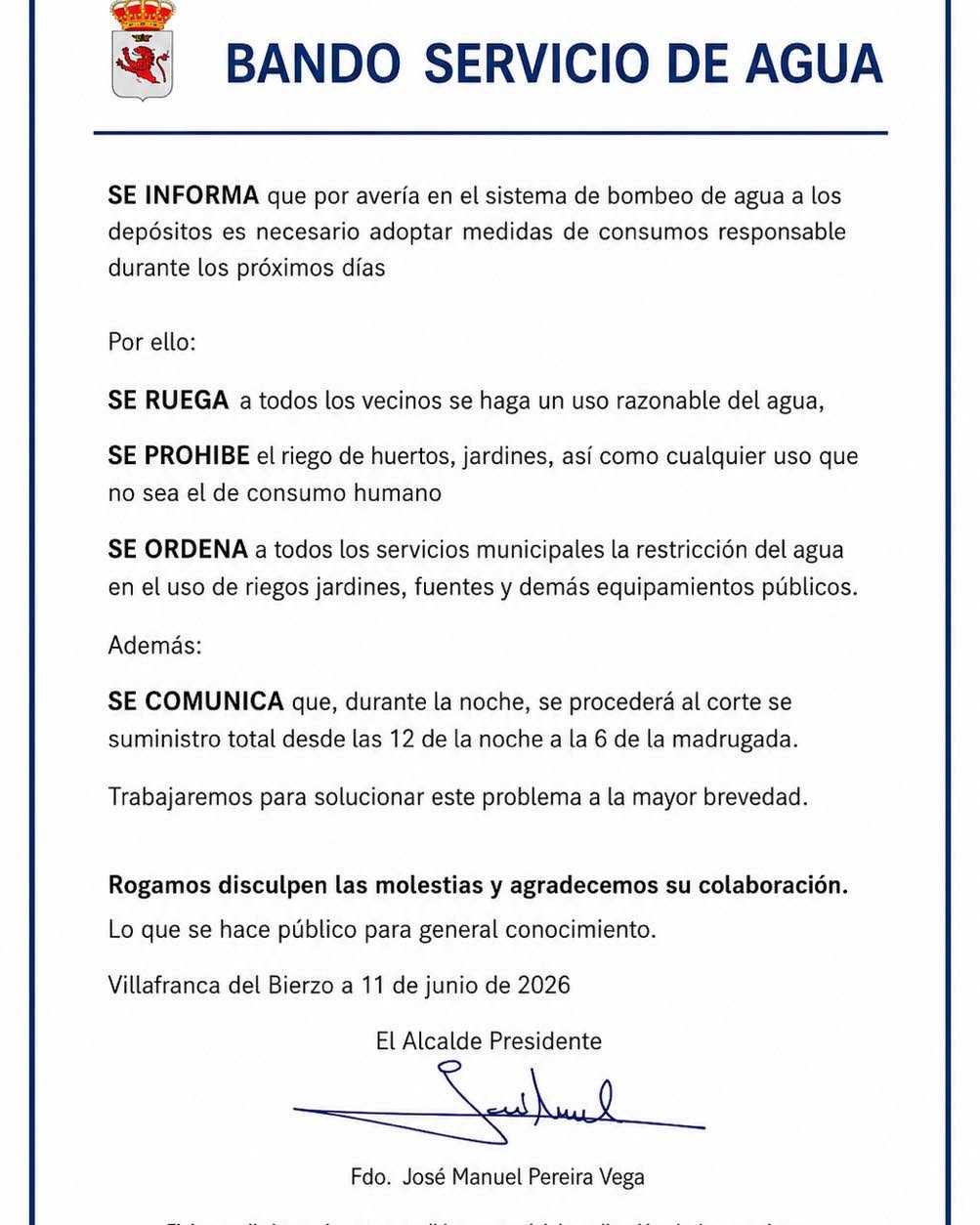 Bando informativo sobre el servicio de agua en Villafranca del Bierzo.