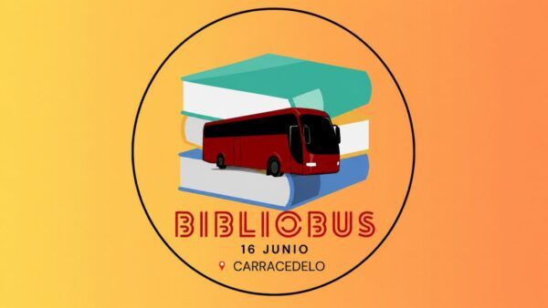 Ilustración del bibliobús en Carracedelo con libros de fondo