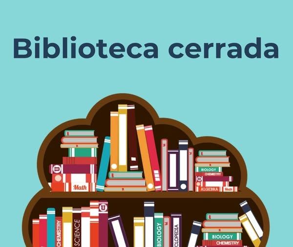 Ilustración de una biblioteca cerrada con estantes llenos de libros
