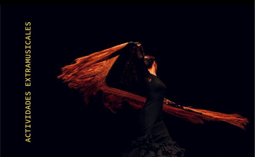 Mujer bailando flamenco con un vestido negro y un mantón