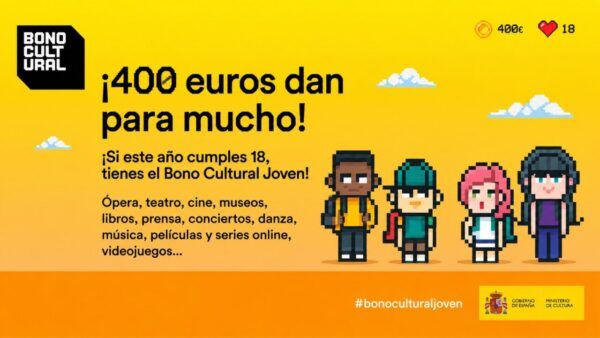 Imagen promocional del Bono Cultural Joven 2026 con personajes pixelados