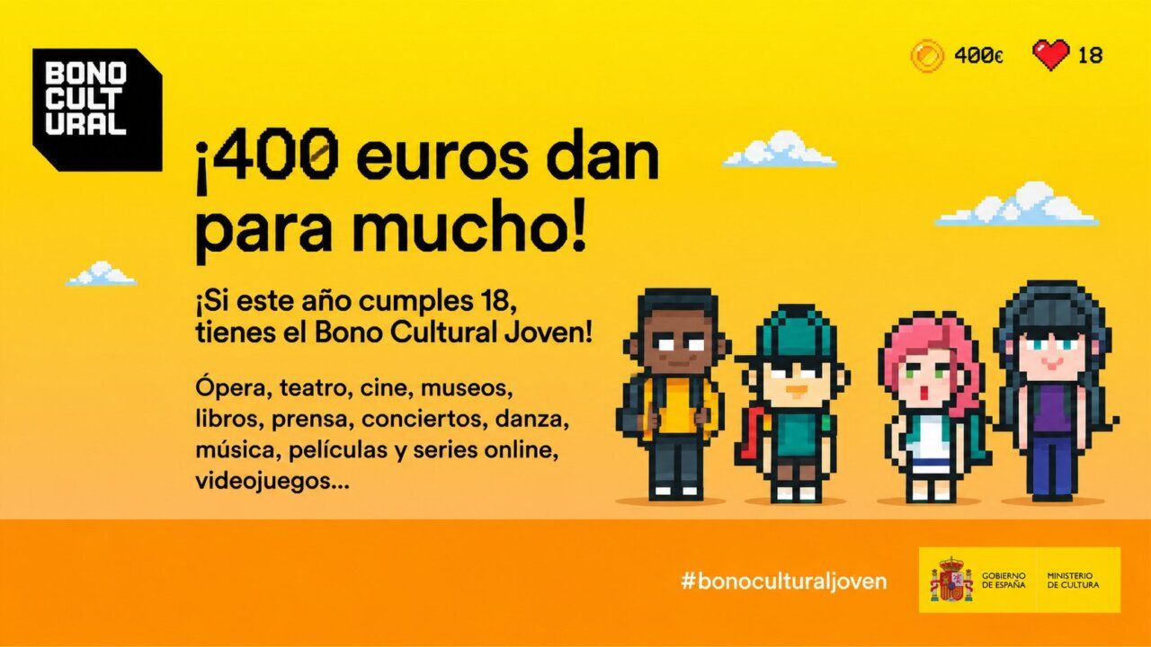 Imagen promocional del Bono Cultural Joven 2026 con personajes pixelados