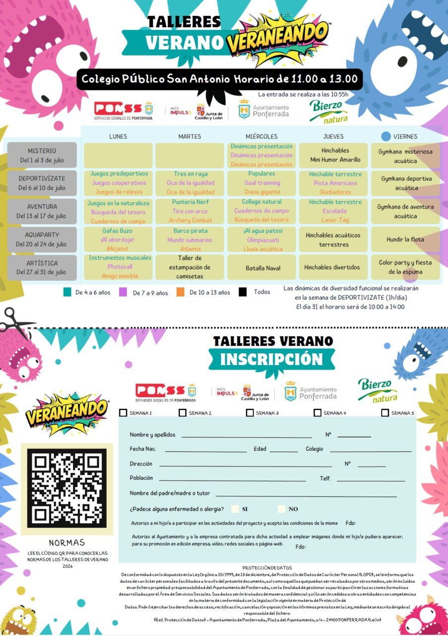 Calendario de inscripciones para talleres de verano en Ponferrada.