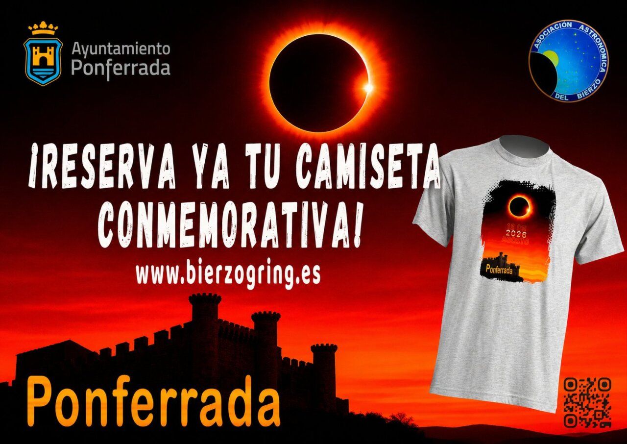 Camiseta con diseño del eclipse solar y el castillo de Ponferrada