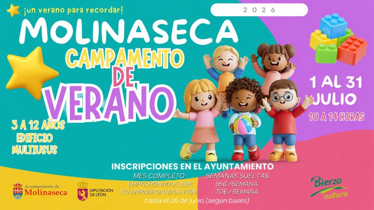 Cartel del Campamento de Verano 2026 en Molinaseca con niños felices