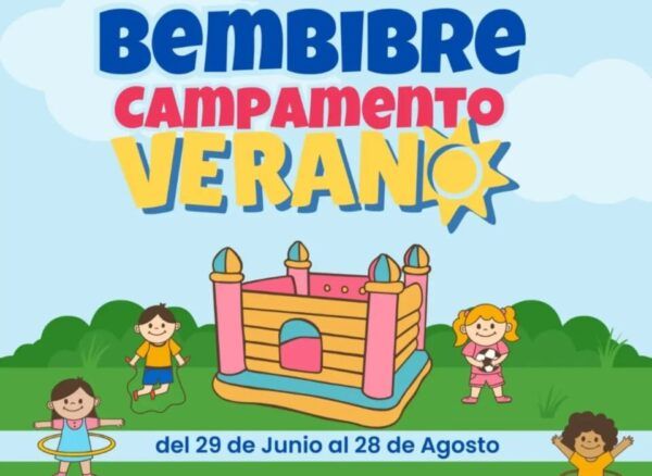 Cartel del campamento de verano en Bembibre con actividades para niños.