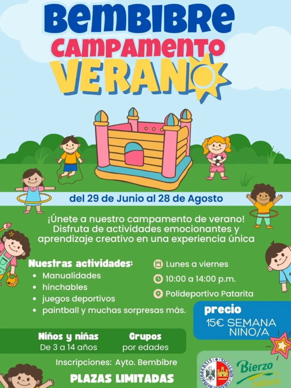 Cartel del campamento de verano en Bembibre con actividades para niños.