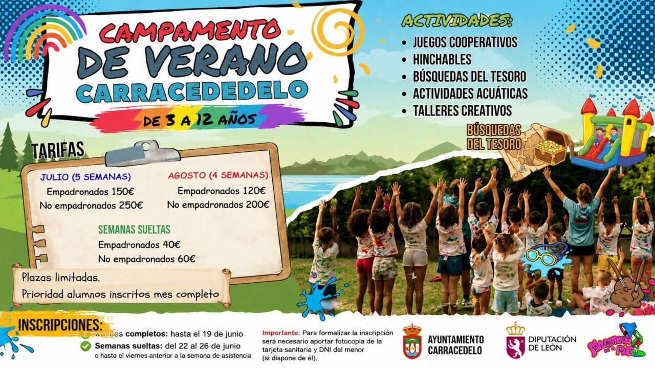 Cartel del campamento de verano en Carracedelo para niños de 3 a 12 años