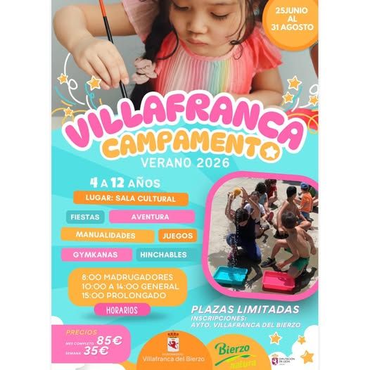Cartel del campamento de verano en Villafranca del Bierzo para niños de 4 a 12 años
