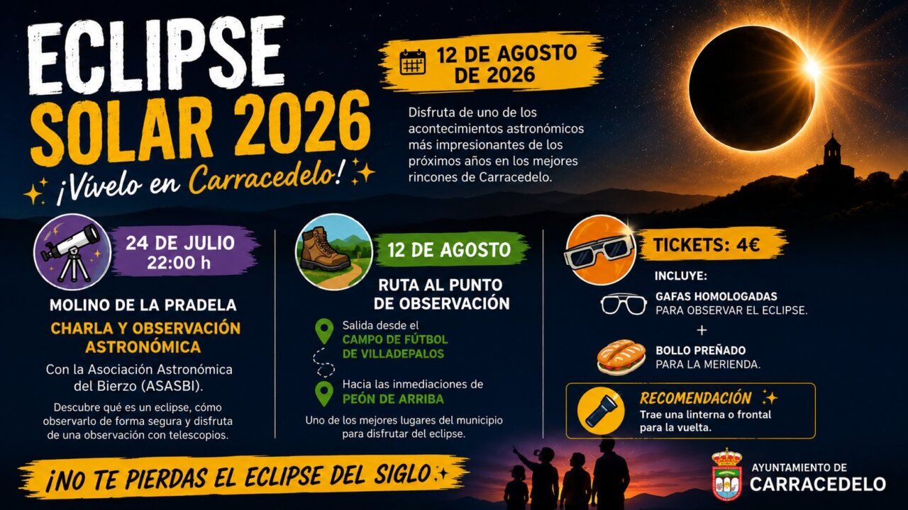 Cartel del eclipse solar 2026 en Carracedelo con actividades programadas
