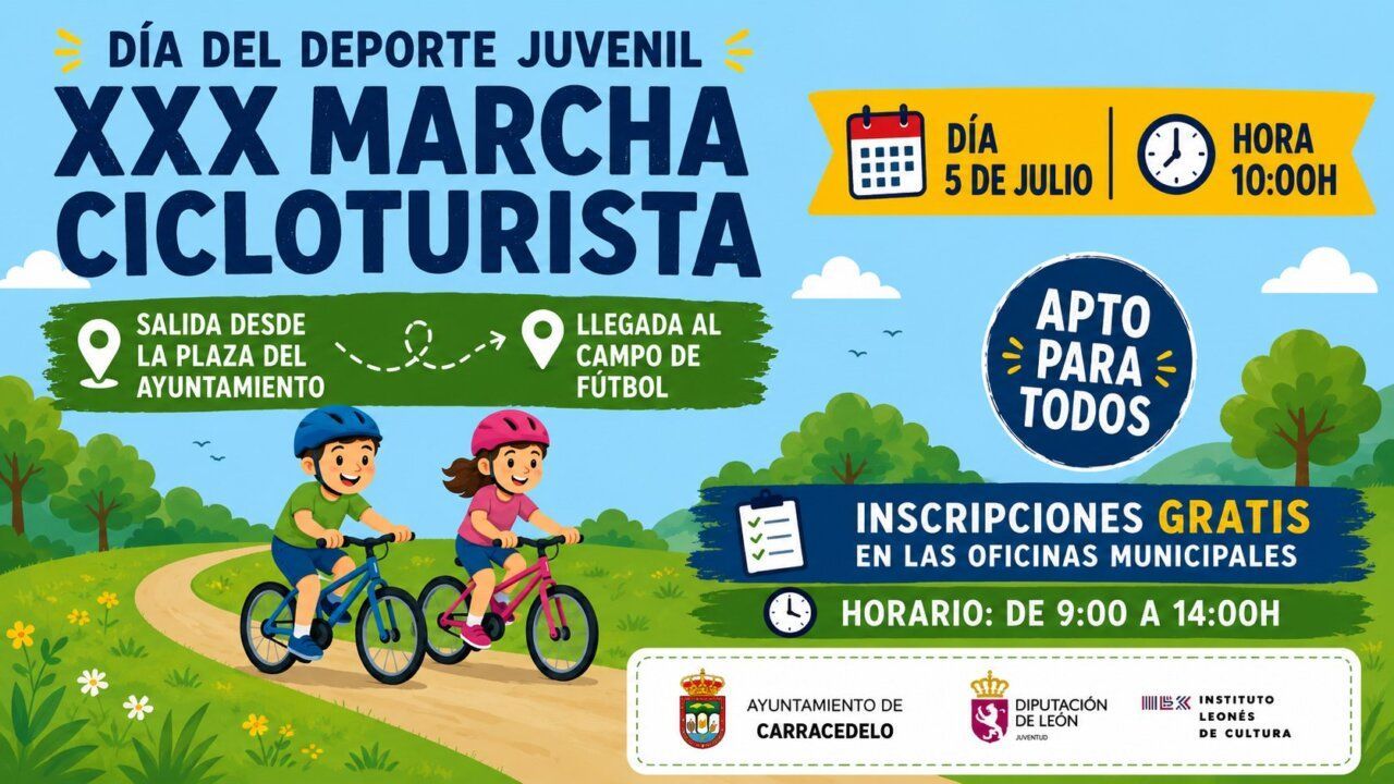 Cartel de la XXX Marcha Cicloturista en Carracedelo con niños en bicicleta