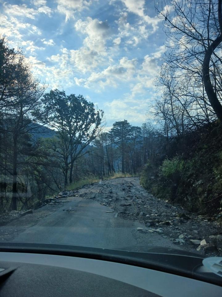 Carretera dañada por tormentas en Oencia con escombros y árboles