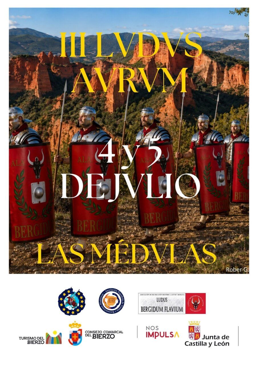 Cartel del evento Ludus Aurum en Las Médulas con legionarios romanos