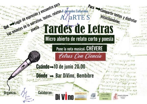 Cartel del micro abierto Tardes de Letras en Bembibre con detalles del evento
