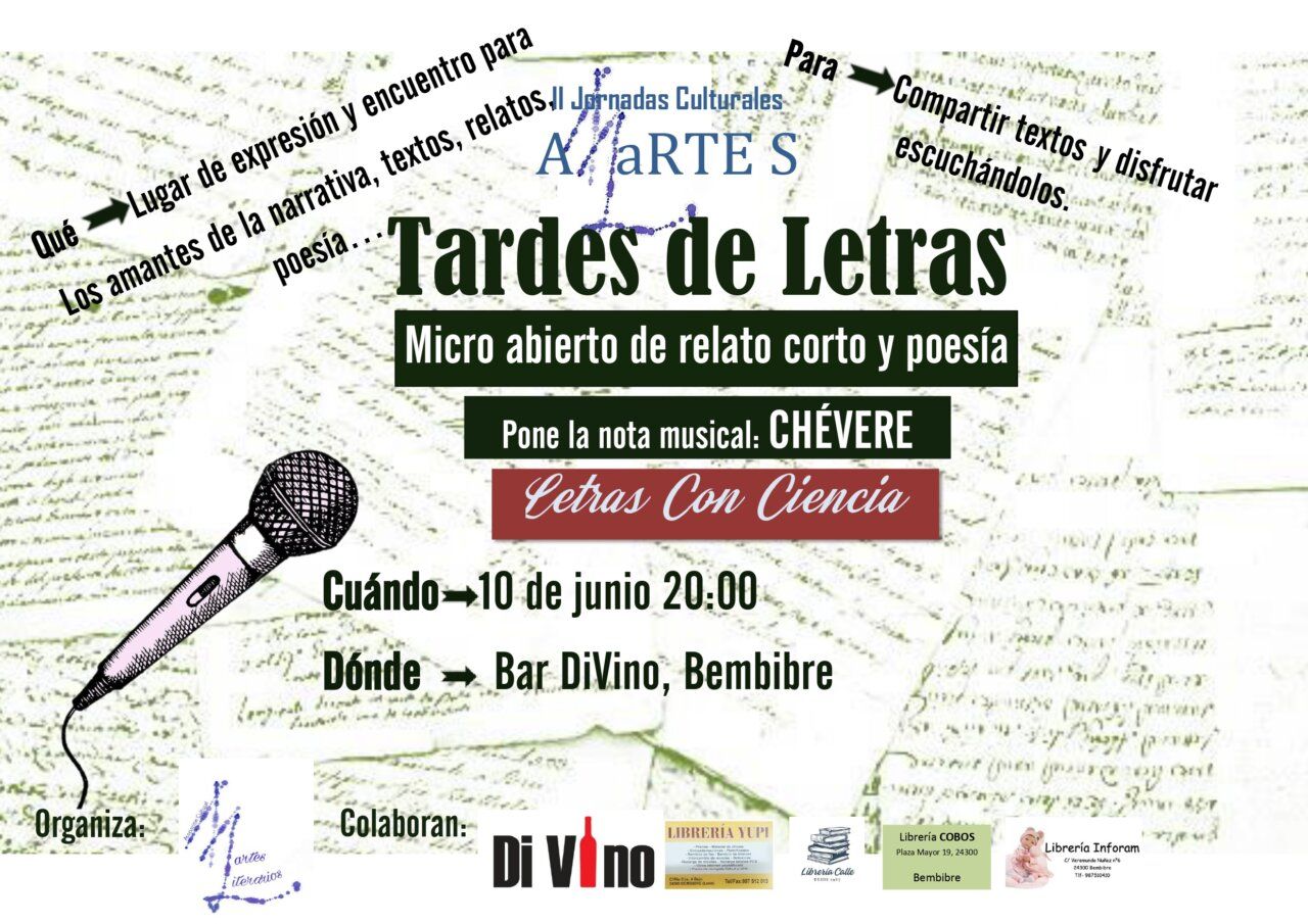 Cartel del micro abierto Tardes de Letras en Bembibre con detalles del evento