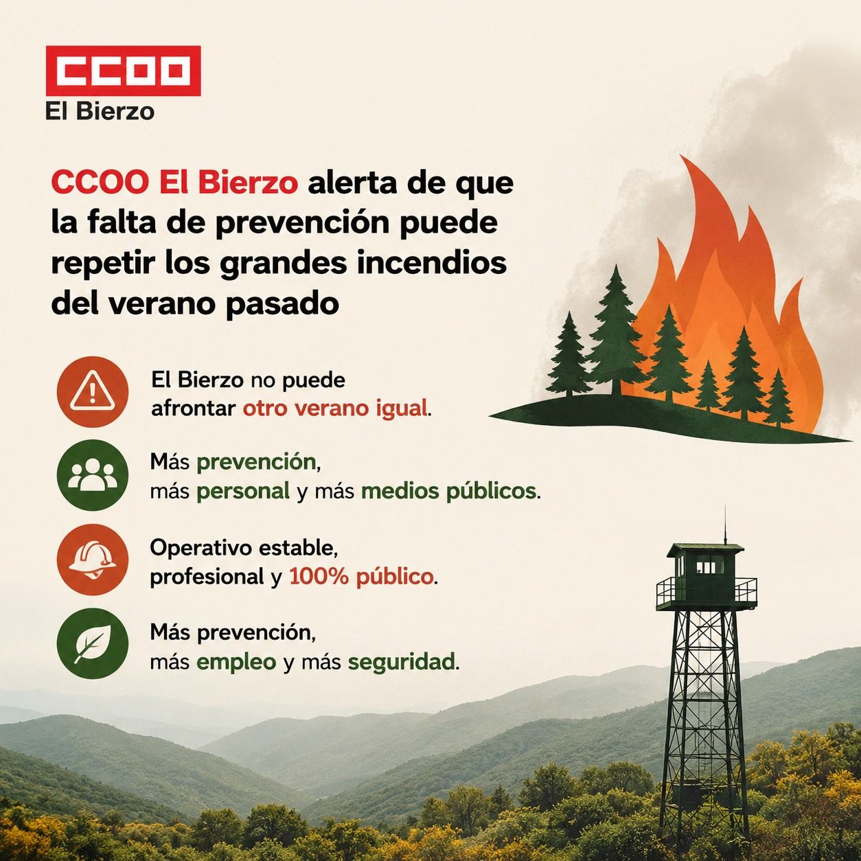 Cartel de CCOO El Bierzo sobre prevención de incendios forestales