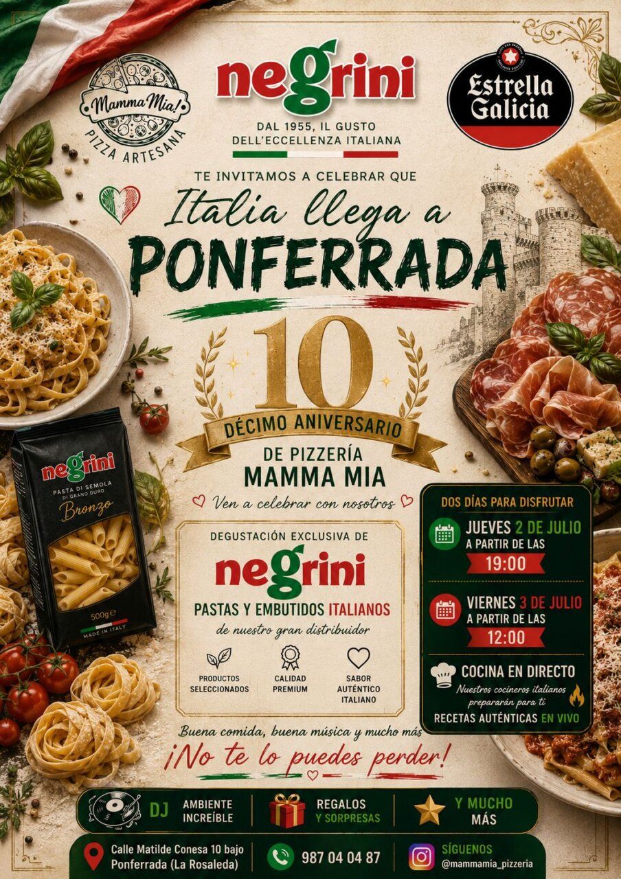 Cartel del 10º aniversario de la pizzería Mamma Mia en Ponferrada