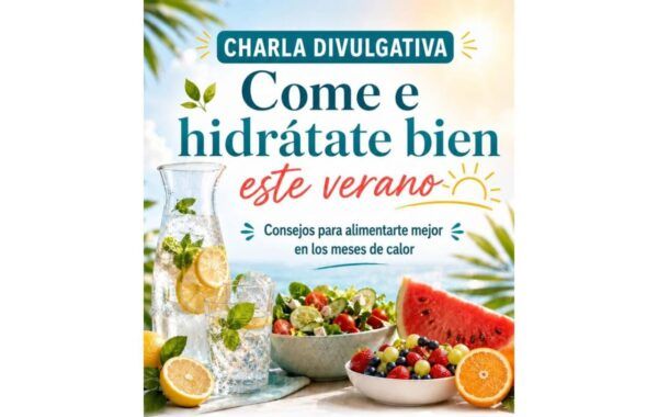 Cartel de charla sobre alimentación y hidratación saludable en verano
