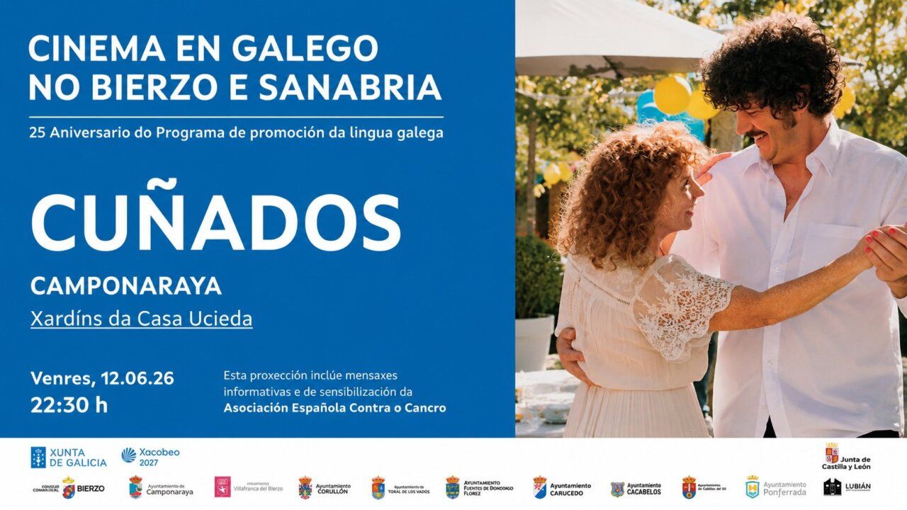 Cartel del cine al aire libre en Camponaraya con la película Cuñados