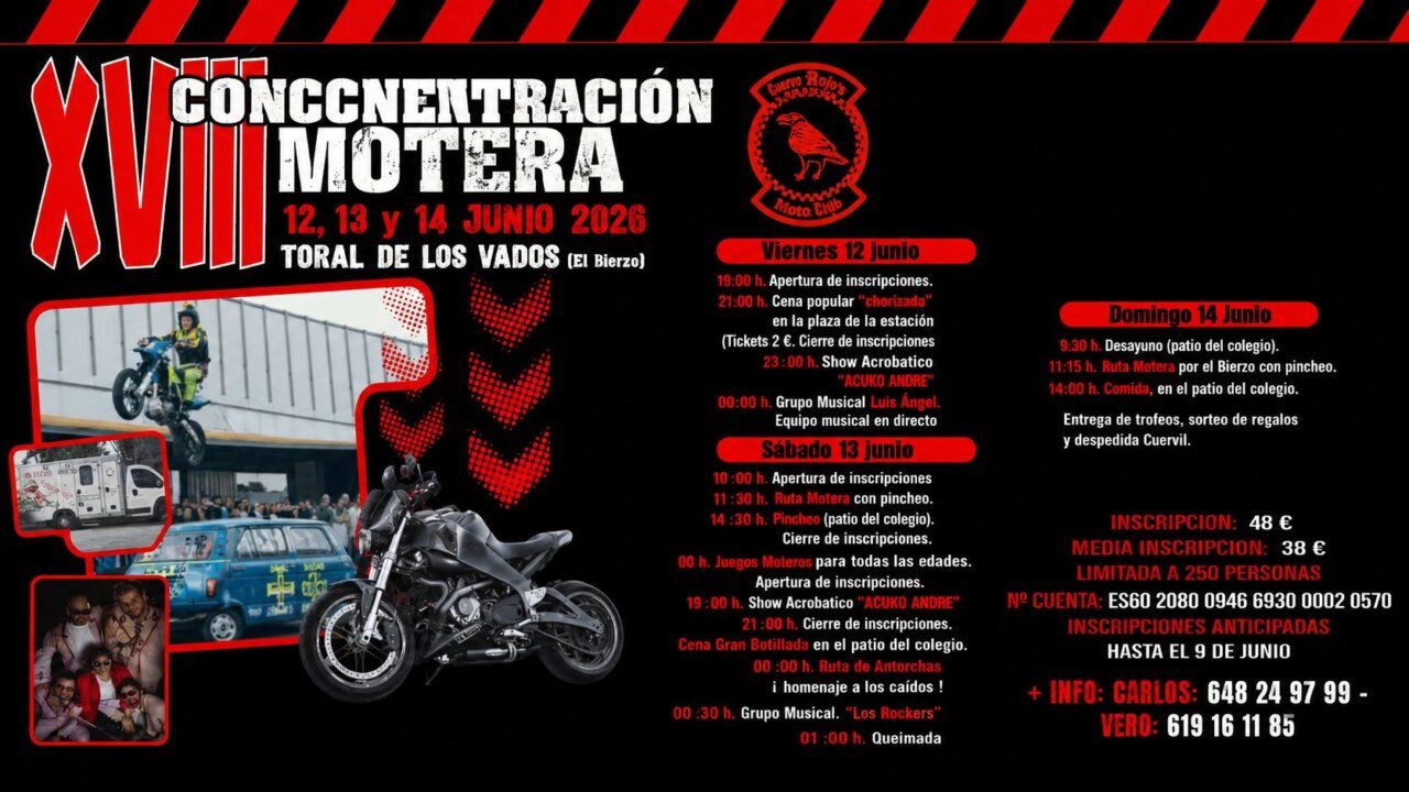 Cartel de la XVIII Concentración Motera en Toral de los Vados con actividades y fechas