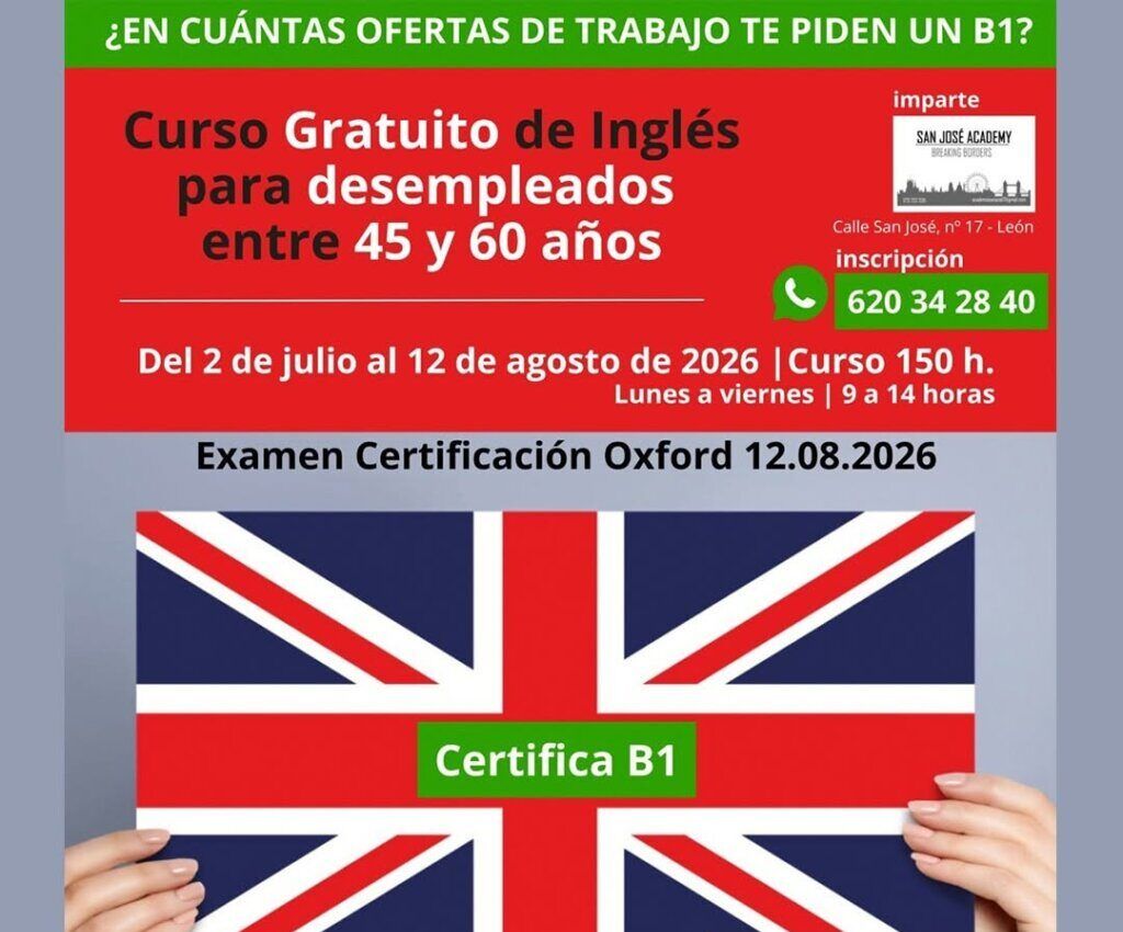 Cartel del curso gratuito de inglés para desempleados en León