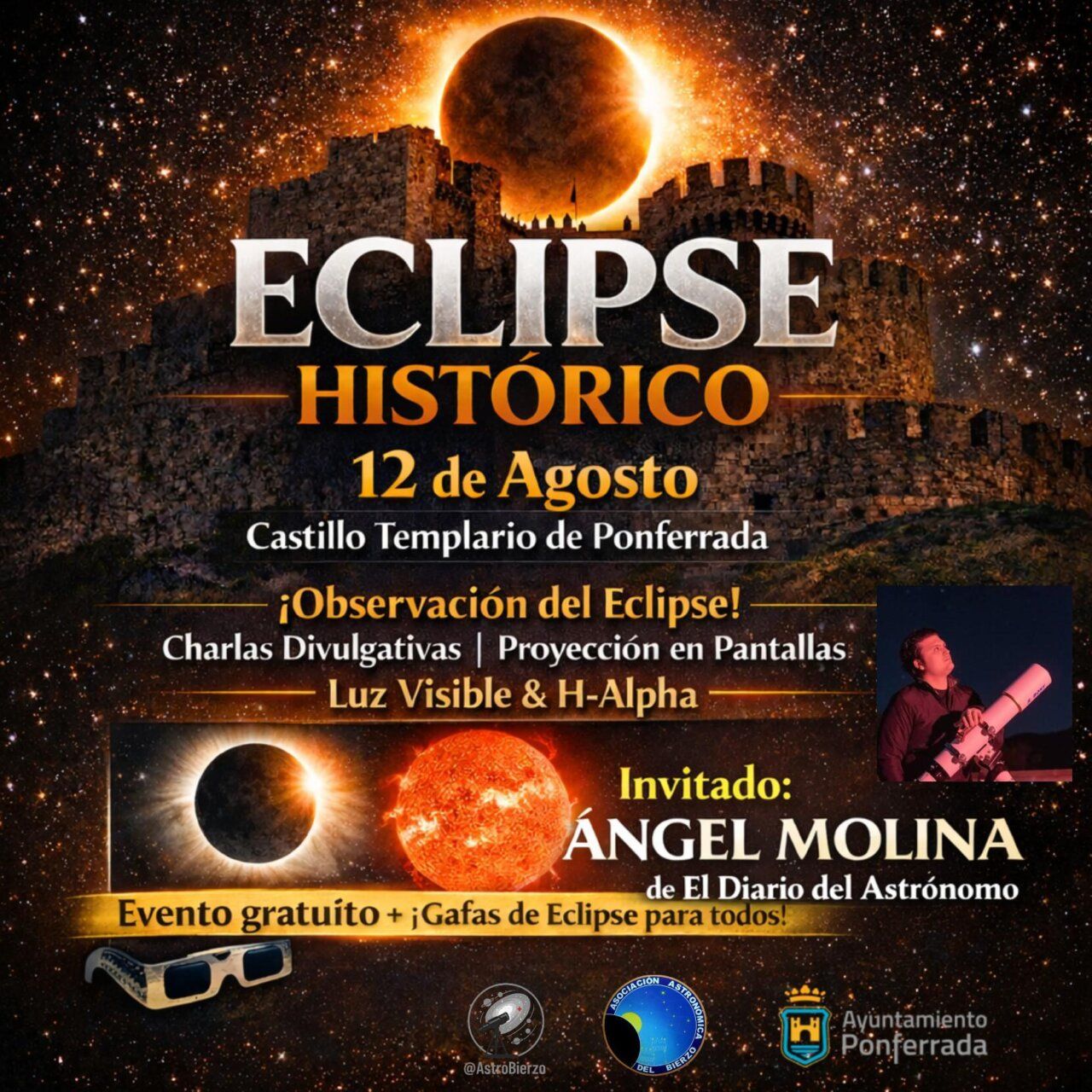 Cartel del eclipse total en Ponferrada con detalles del evento