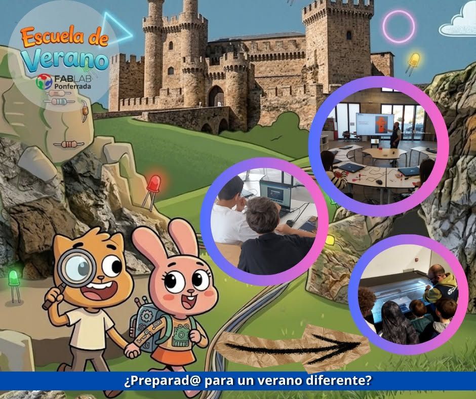 Niños participando en actividades creativas en la Escuela de Verano del Fab Lab Ponferrada