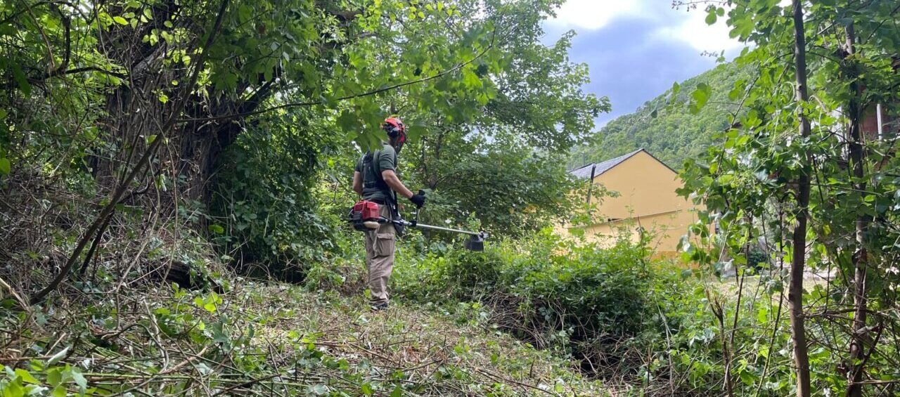 Trabajador desbrozando vegetación en la ribera del río Oza en Valdefrancos
