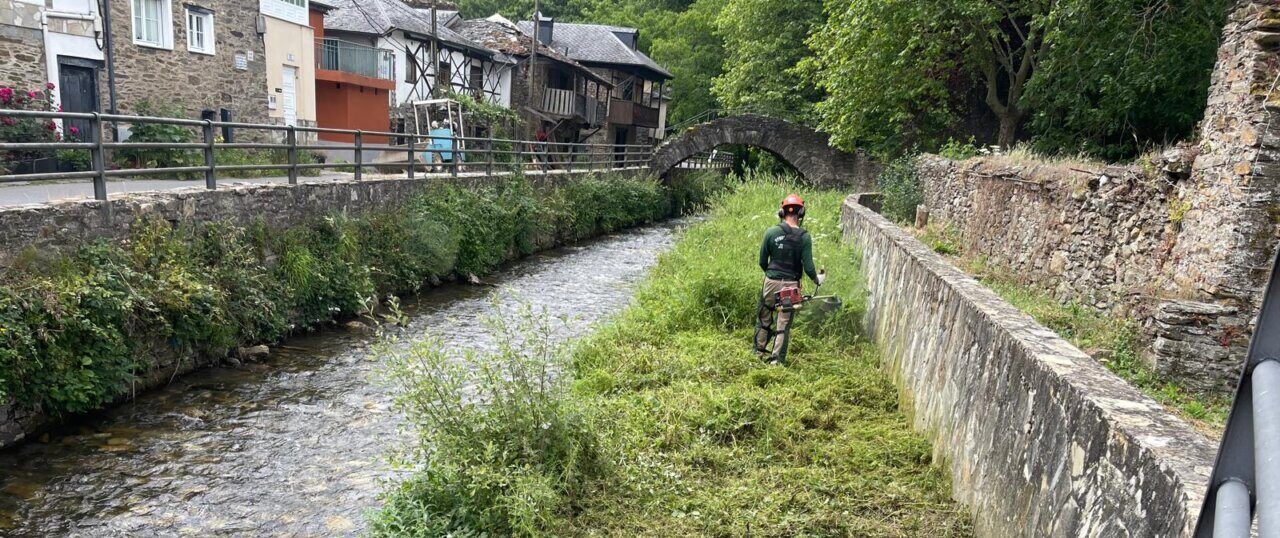 Trabajador desbrozando la ribera del río Oza en Valdefrancos