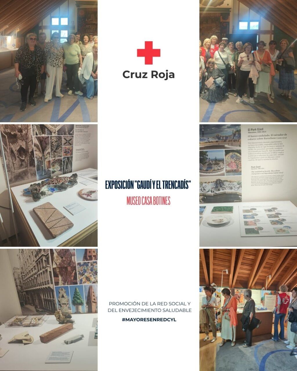 Grupo de personas visitando la exposición sobre Gaudí y el trencadís en Casa Botines.