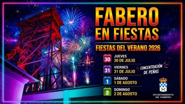 Cartel de las Fiestas de Verano 2026 en Fabero con fuegos artificiales.