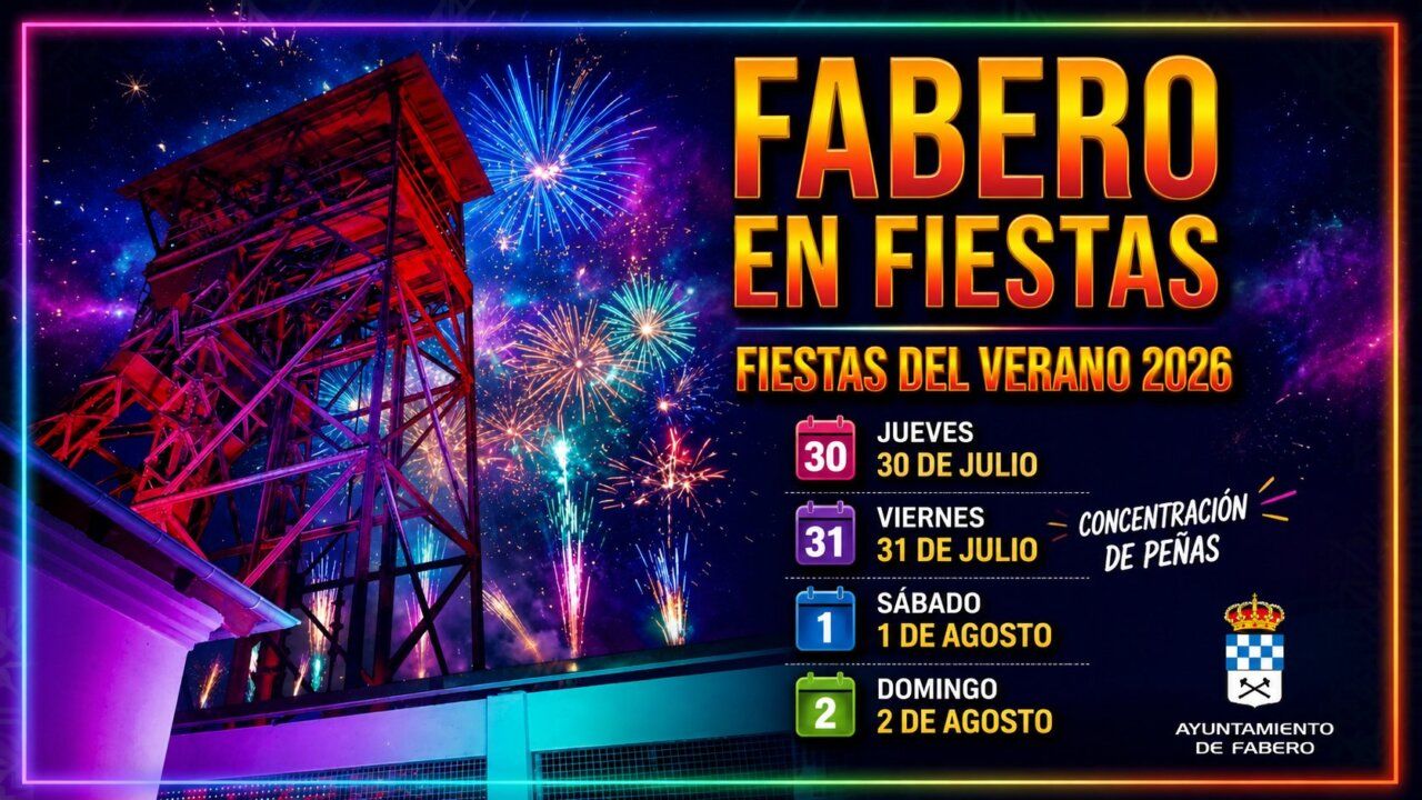 Cartel de las Fiestas de Verano 2026 en Fabero con fuegos artificiales.