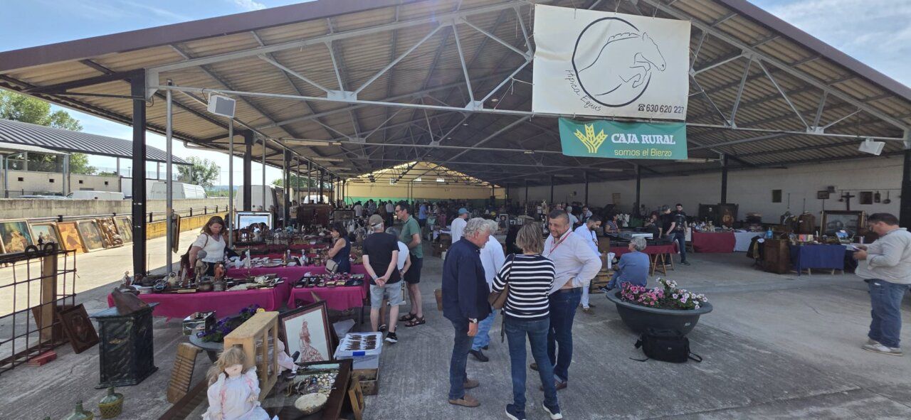 Vista de la feria de antigüedades con expositores y visitantes