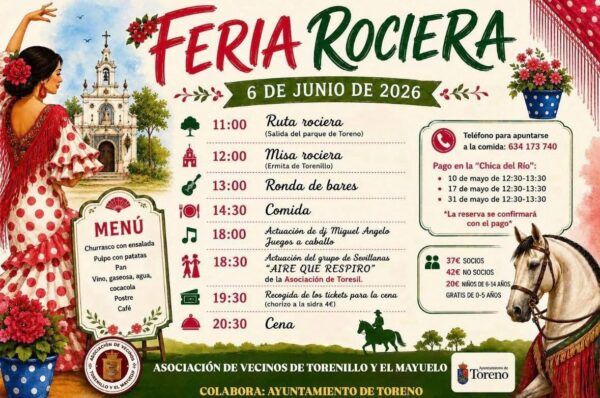 Cartel de la Feria Rociera en Toreno con información sobre actividades y menú
