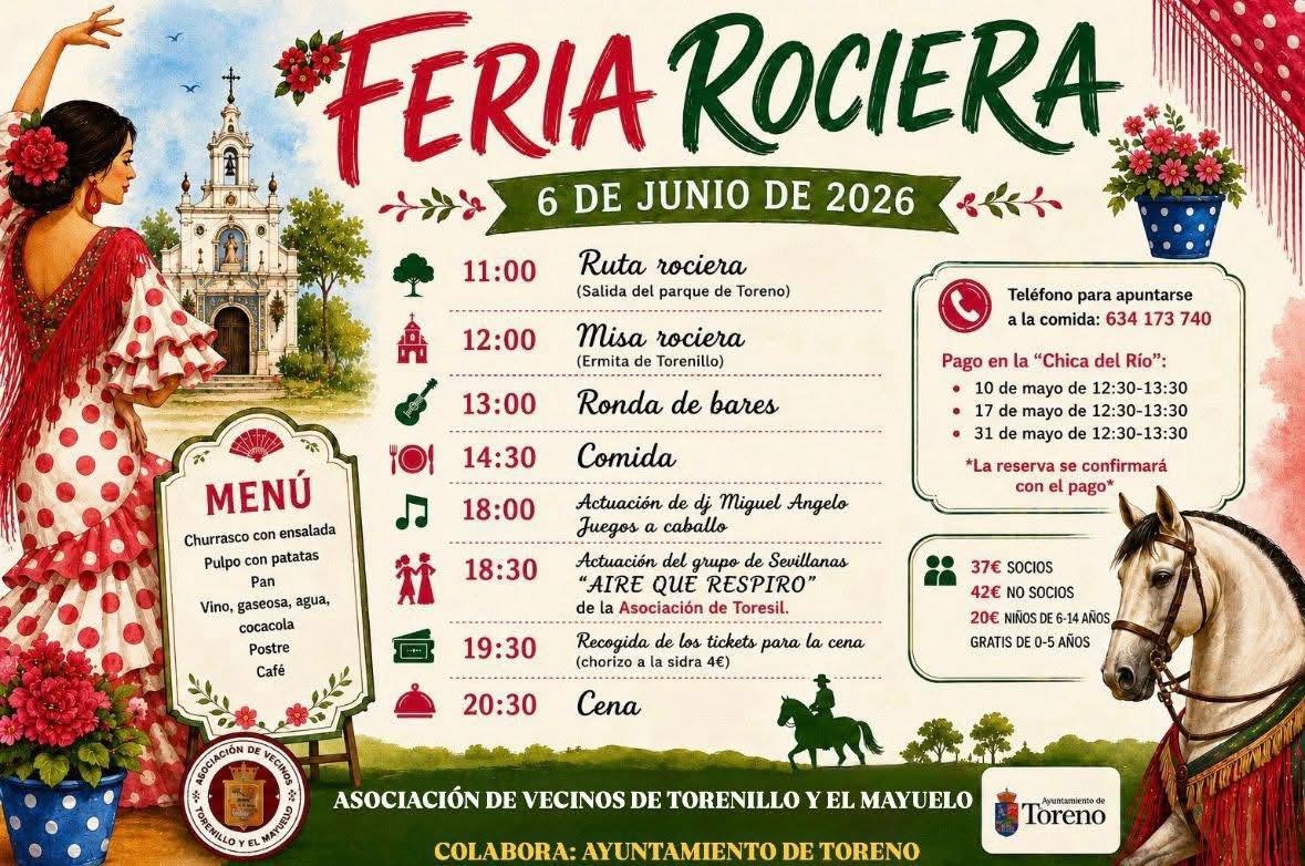 Cartel de la Feria Rociera en Toreno con información sobre actividades y menú