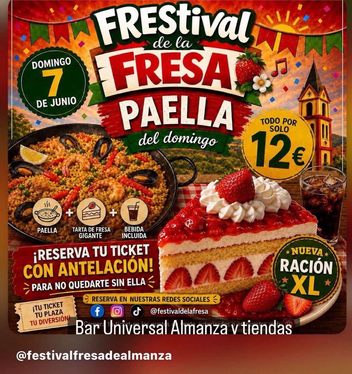 Cartel del Festival de la Fresa en Almanza con paella y tarta de fresa