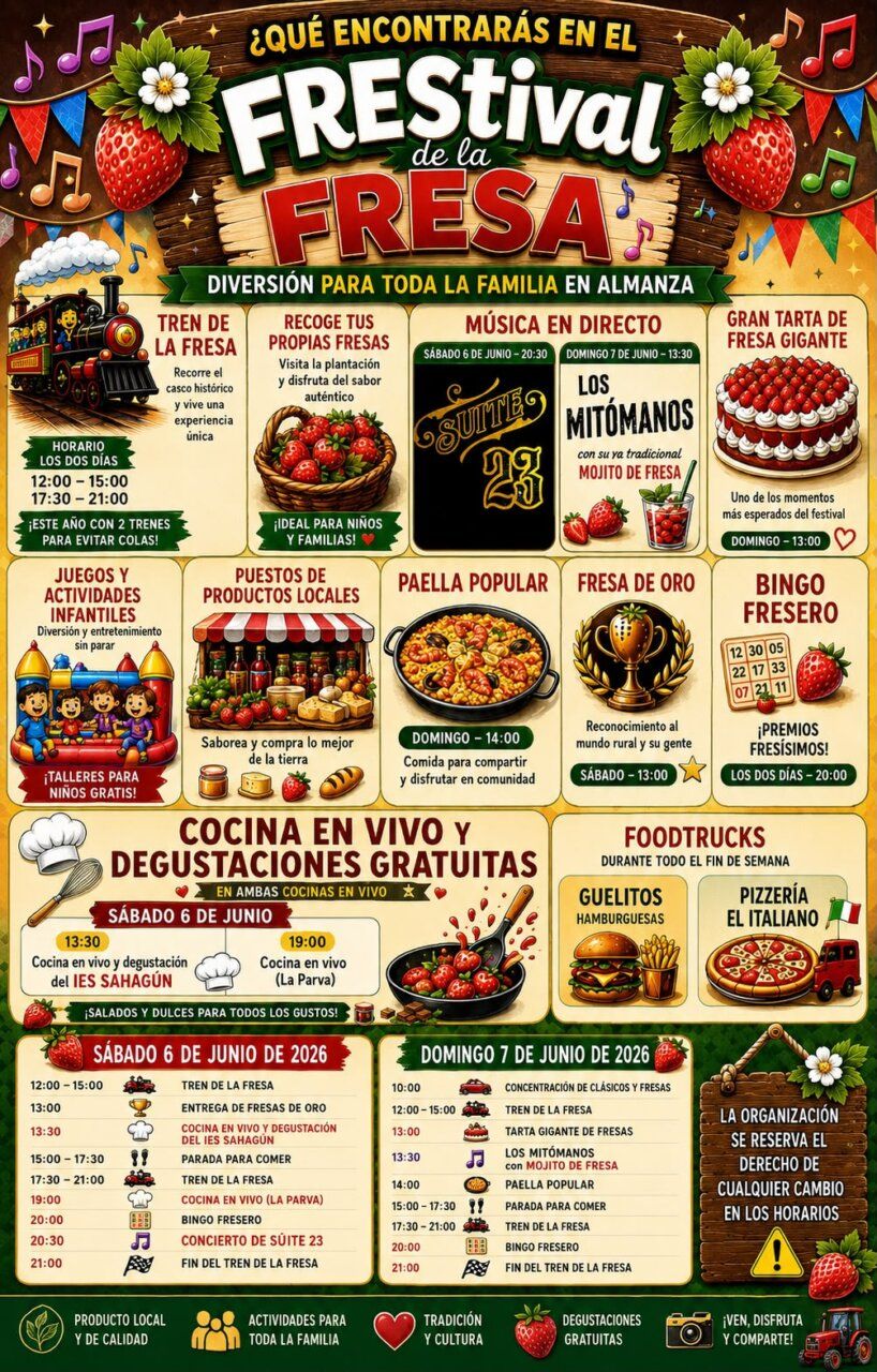 Cartel del Festival de la Fresa en Almanza con actividades y gastronomía