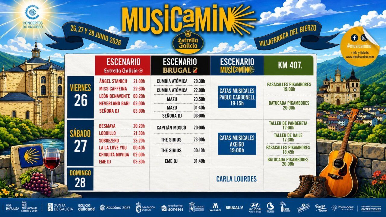 Cartel del festival Musicamino en Villafranca del Bierzo con artistas y fechas