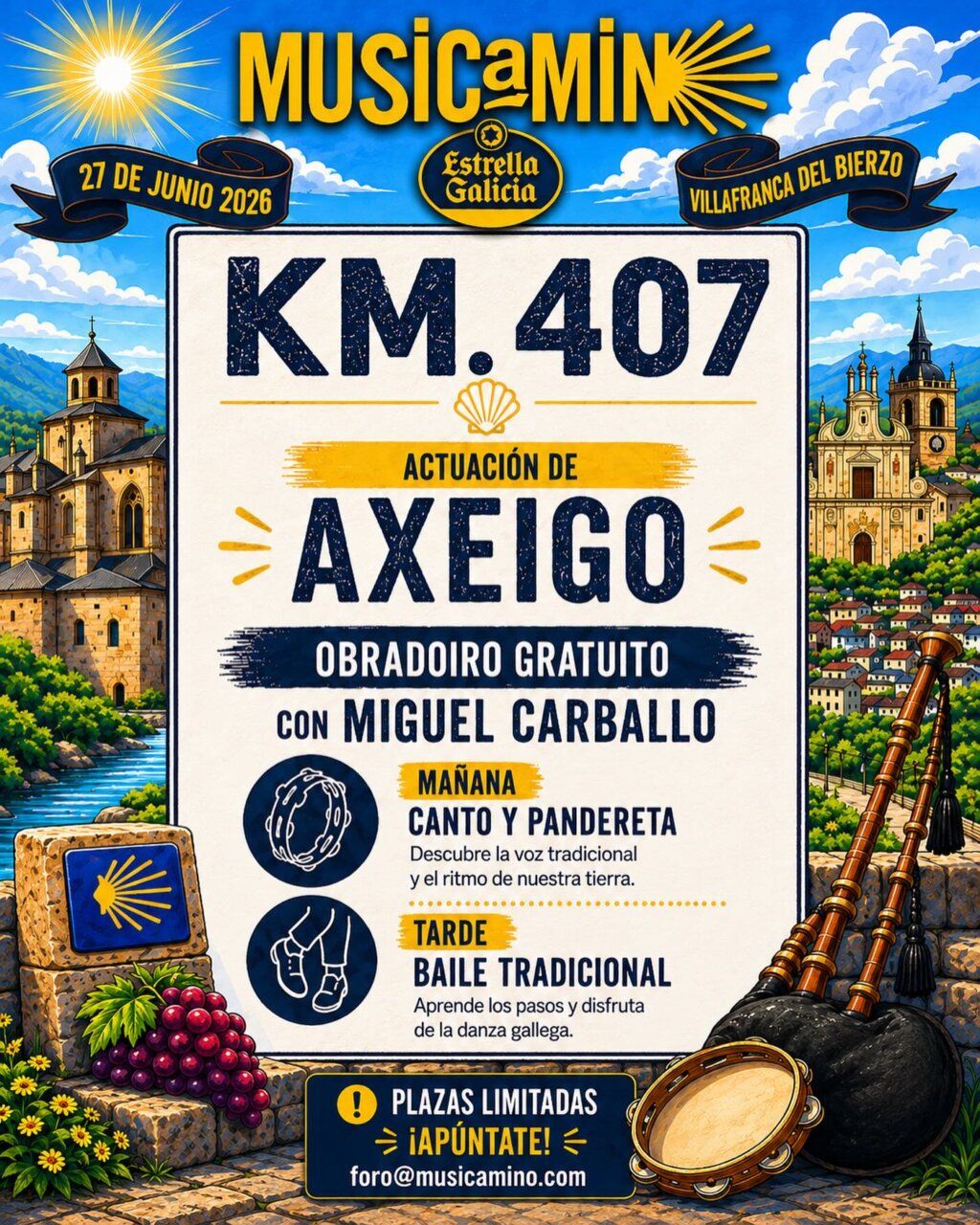 Cartel del festival Musicamino en Villafranca del Bierzo con actividades culturales.